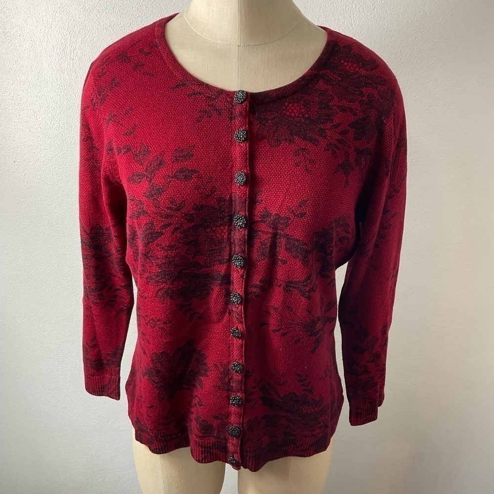 IT’S Red Black Floral Button Cardigan Lace Lined Sz M